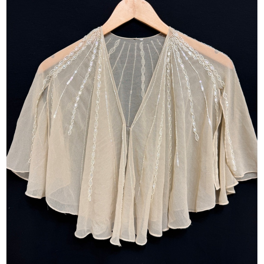 Vintage Art Deco 1920s Flapper Capelet Shrug Sheer Beaded Sequin Costume Shawl